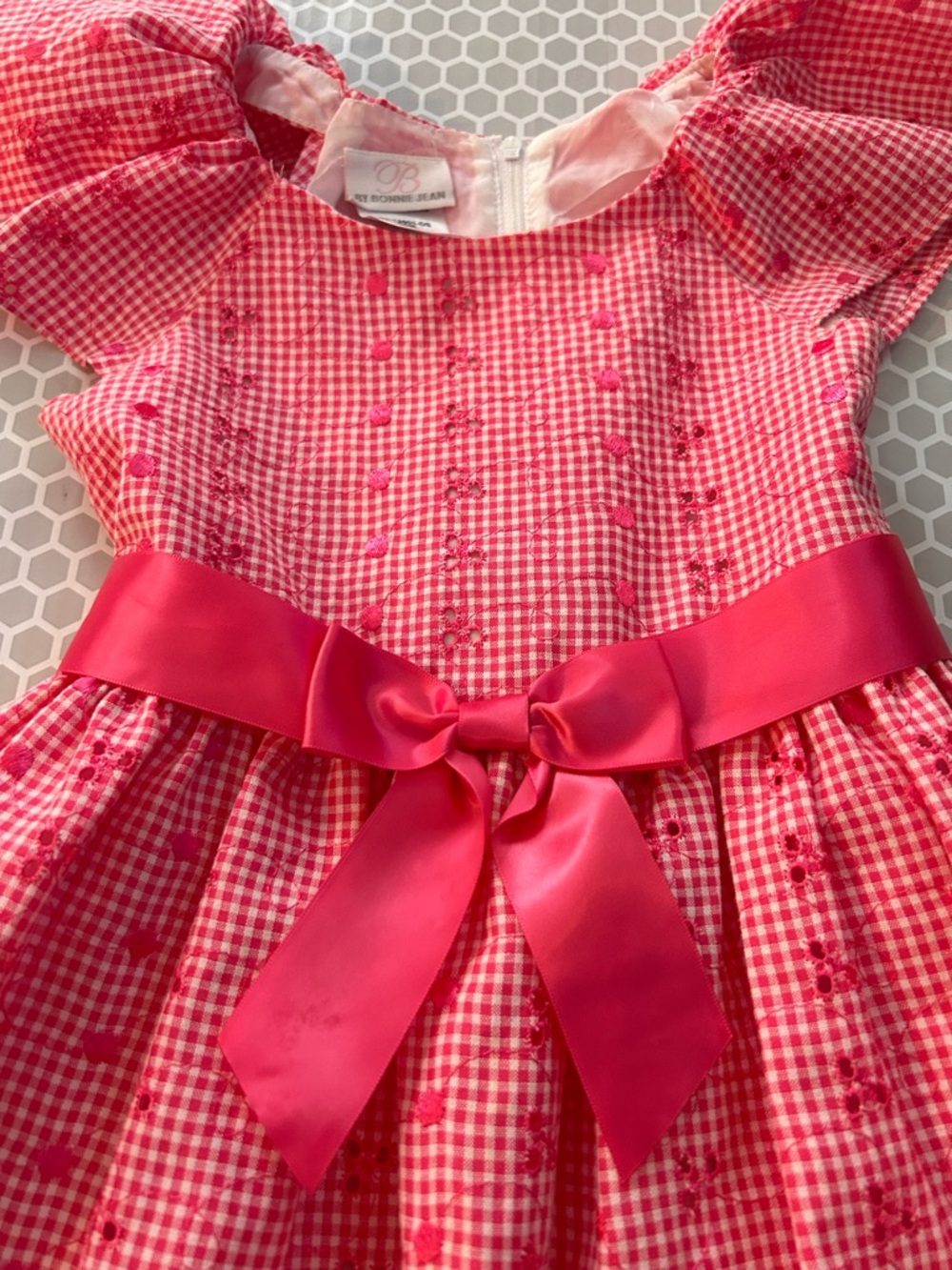 By Bonnie Jean Pink Gingham Dress w Satin Waist Bow w Petticoat Size 6X - Picture 5 of 8